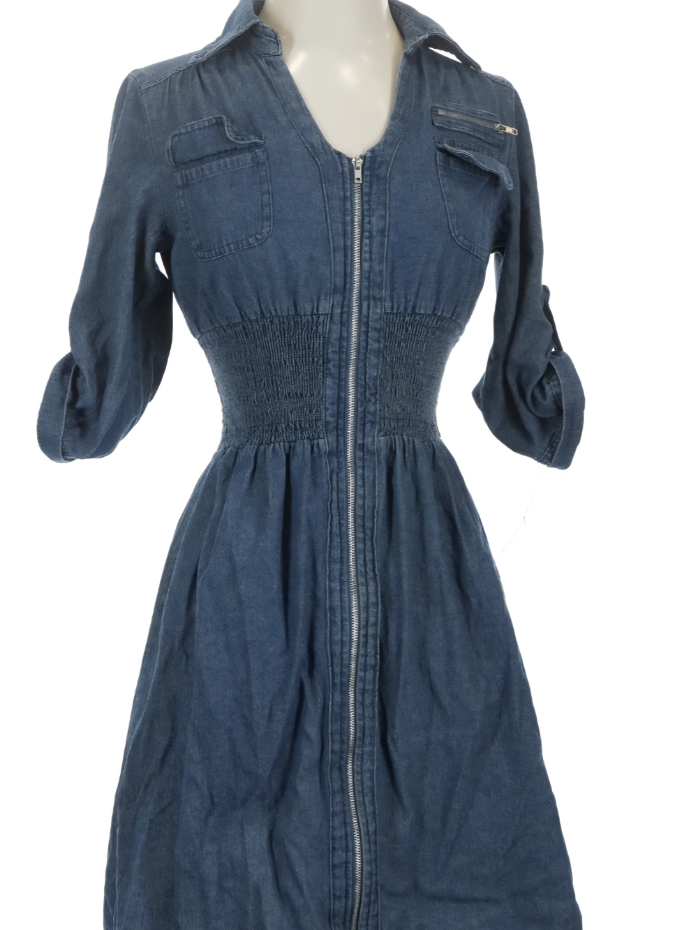 Denim Zip-Front Long Sleeve Dress in Blue